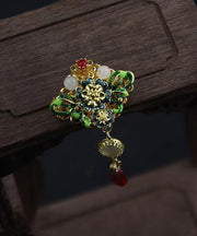 Vintage Green Alloy Cloisonne Gem Stone Floral Brooches