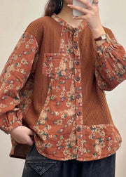 Vintage Button Print Patchwork Linen Shirt Top Fall