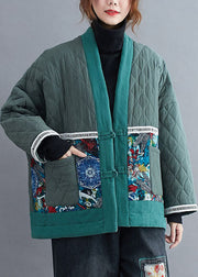 Vintage Green Embroideried Patchwork Fine Cotton Filled Winter Coats