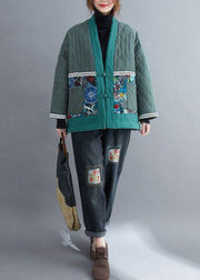 Vintage Green Embroideried Patchwork Fine Cotton Filled Winter Coats