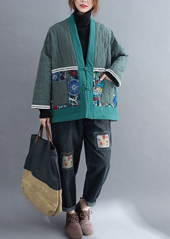 Vintage Green Embroideried Patchwork Fine Cotton Filled Winter Coats