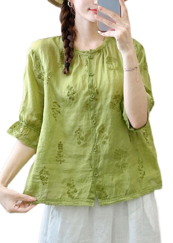 Vintage Green Embroidered Patchwork Linen Shirt Summer