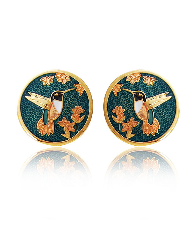 Vintage Green Hummingbird among flowers Stud Earrings