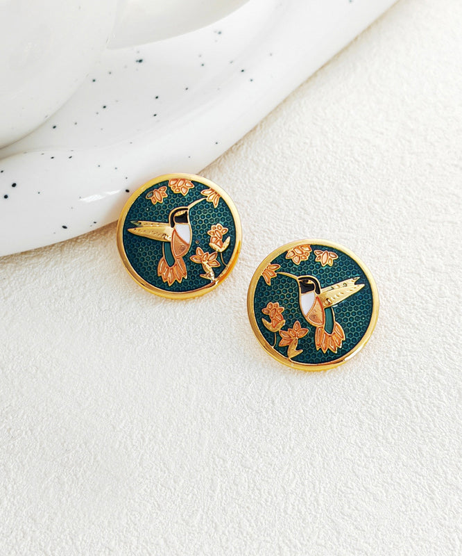 Vintage Green Hummingbird among flowers Stud Earrings