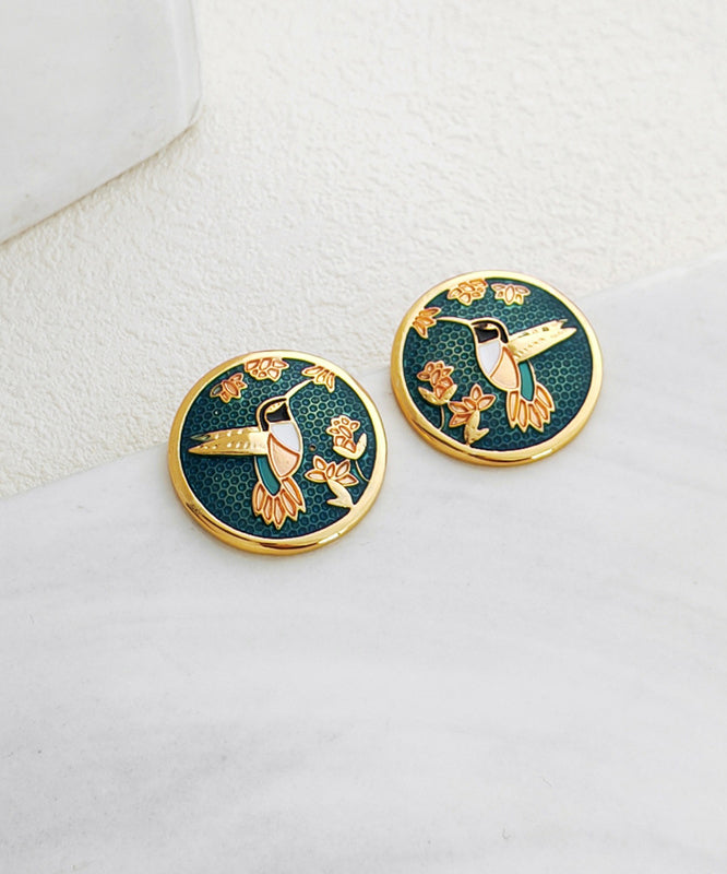 Vintage Green Hummingbird among flowers Stud Earrings