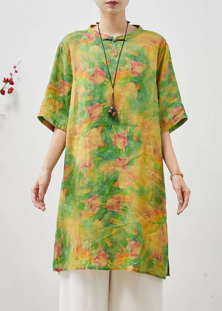 Vintage Green Floral Tie Dye Linen Oriental Dress Summer
