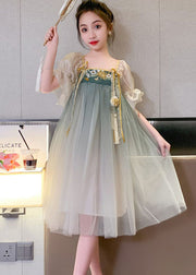 Vintage Green Gradient Embroideried Patchwork Tulle Baby Girls Dresses Summer