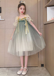 Vintage Green Gradient Embroideried Patchwork Tulle Baby Girls Dresses Summer