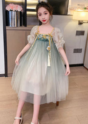 Vintage Green Gradient Embroideried Patchwork Tulle Baby Girls Dresses Summer