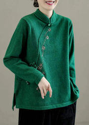 Vintage Green Mandarin Collar Embroideried Knit Sweaters Winter