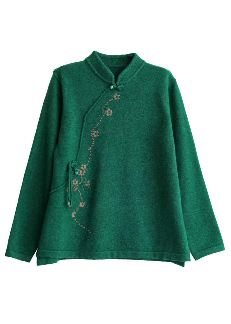 Vintage Green Mandarin Collar Embroideried Knit Sweaters Winter