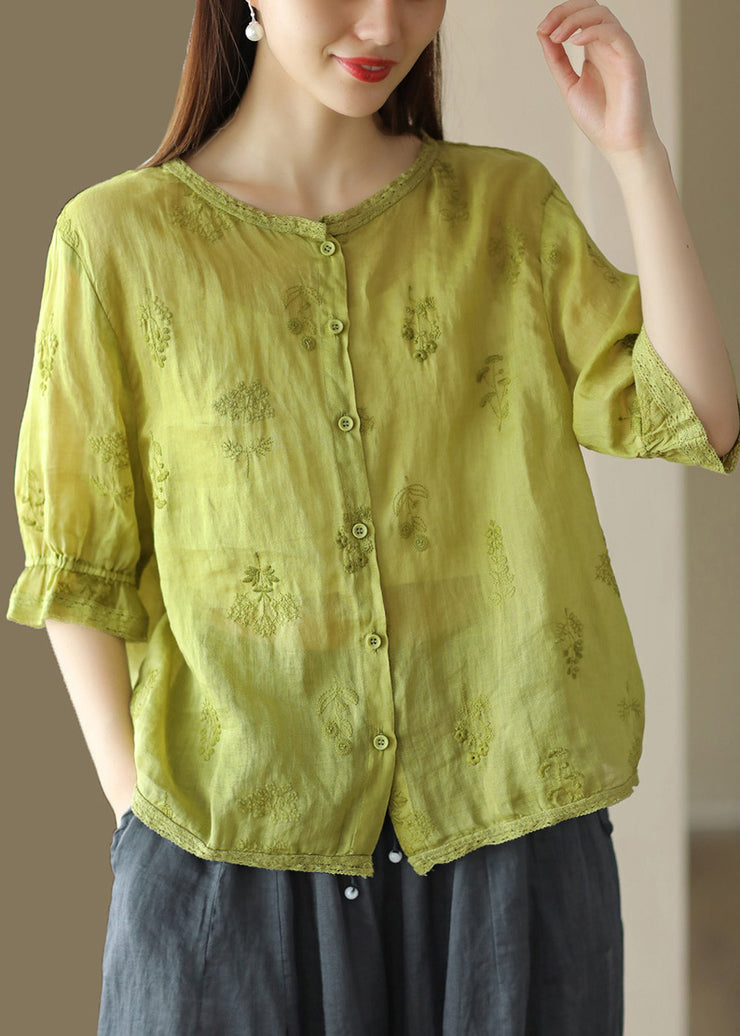 Vintage Green O Neck Embroidered Linen Shirt Summer