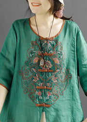 Vintage Green O-Neck Embroidered Linen Shirt Top Summer