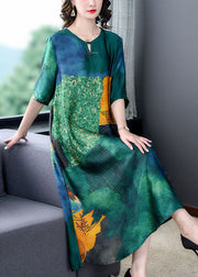 Vintage Green O Neck Print Button Patchwork Silk Dress Summer