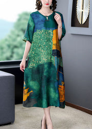 Vintage Green O Neck Print Button Patchwork Silk Dress Summer