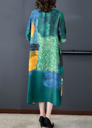 Vintage Green O Neck Print Button Patchwork Silk Dress Summer