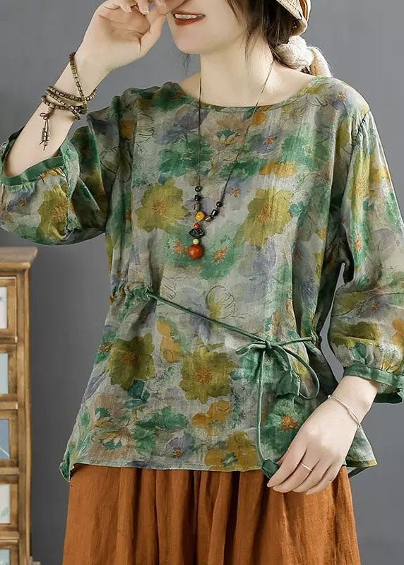 Vintage Green O Neck Print Lace Up Patchwork Linen Tops Summer