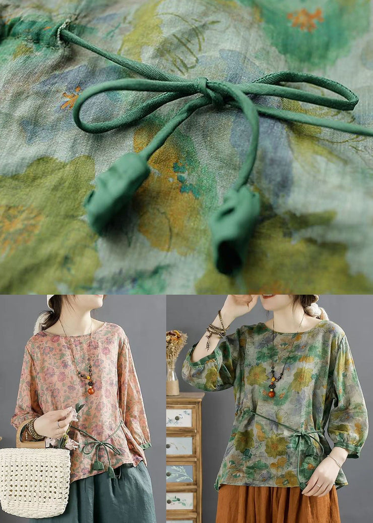 Vintage Green O Neck Print Lace Up Patchwork Linen Tops Summer