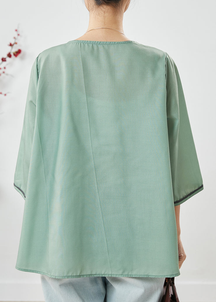 Vintage Green O-Neck Print Linen Shirt Top Half Sleeve
