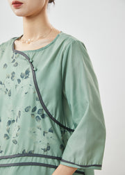 Vintage Green O-Neck Print Linen Shirt Top Half Sleeve