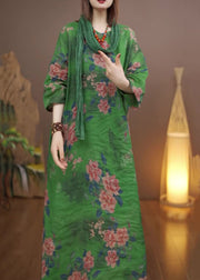 Vintage Green O-Neck Print Long Dress Fall