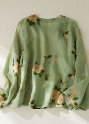 Vintage Green O Neck Print Patchwork Cotton Shirt Tops Long Sleeve