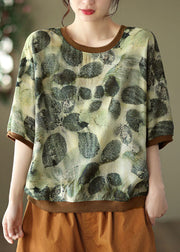 Vintage Green O Neck Print Patchwork Linen T Shirt Tops Summer