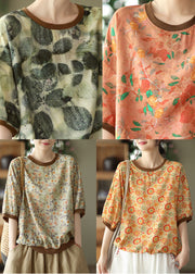 Vintage Green O Neck Print Patchwork Linen T Shirt Tops Summer