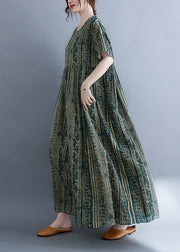 Vintage Green O-Neck Print Patchwork Maxi Dress Summer