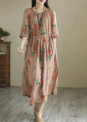 Vintage Green O-Neck Print Wrinkled Long Dress Summer