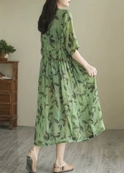 Vintage Green O-Neck Print Wrinkled Long Dress Summer