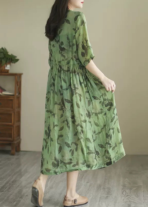 Vintage Green O-Neck Print Wrinkled Long Dress Summer