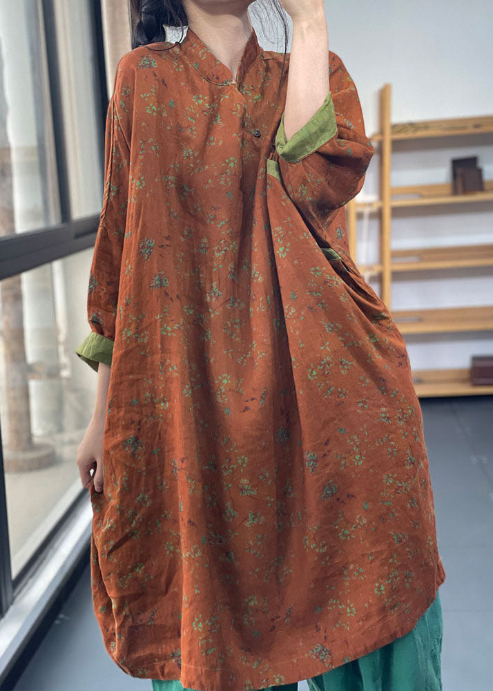 Vintage Green Oversized Print Cotton Dresses Batwing Sleeve