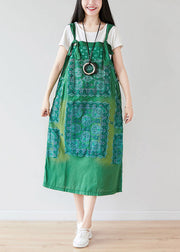 Vintage Green Oversized Print Cotton Strap Dress Spring