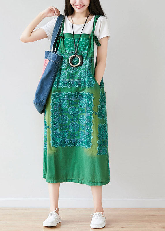 Vintage Green Oversized Print Cotton Strap Dress Spring