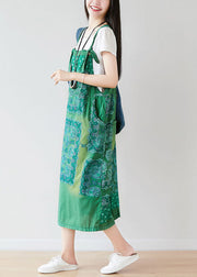 Vintage Green Oversized Print Cotton Strap Dress Spring