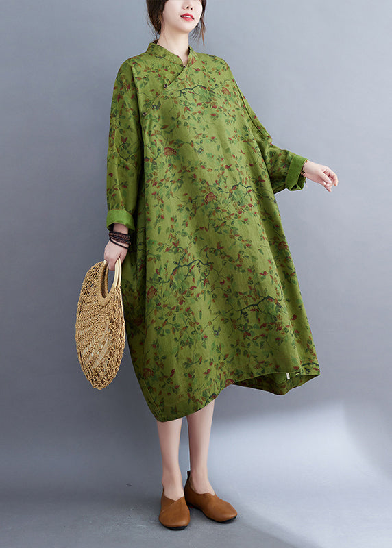 Vintage Green Oversized Print Linen Long Dress Batwing Sleeve