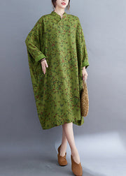 Vintage Green Oversized Print Linen Long Dress Batwing Sleeve