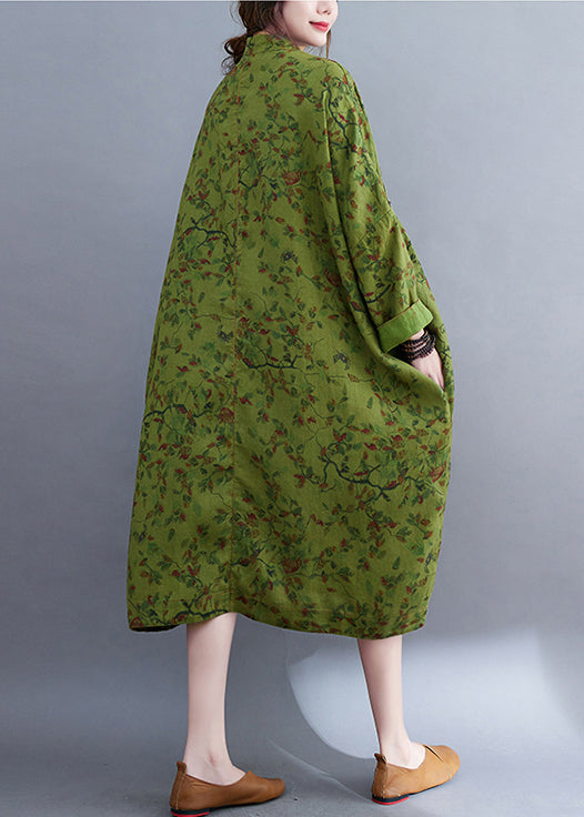 Vintage Green Oversized Print Linen Long Dress Batwing Sleeve