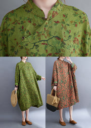 Vintage Green Oversized Print Linen Long Dress Batwing Sleeve