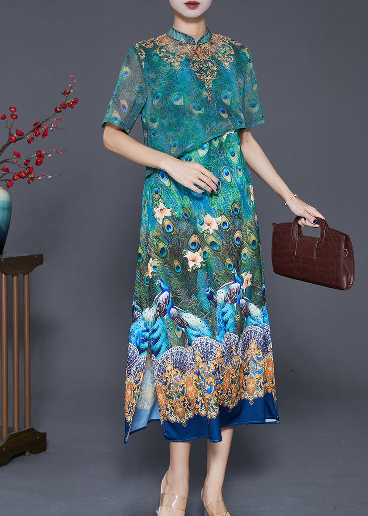 Vintage Green Peacock Print Side Open Silk Dress Summer