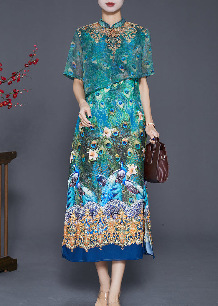 Vintage Green Peacock Print Side Open Silk Dress Summer