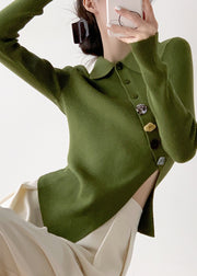 Vintage Green Peter Pan Collar Asymmetrical Knit Pullover Long Sleeve