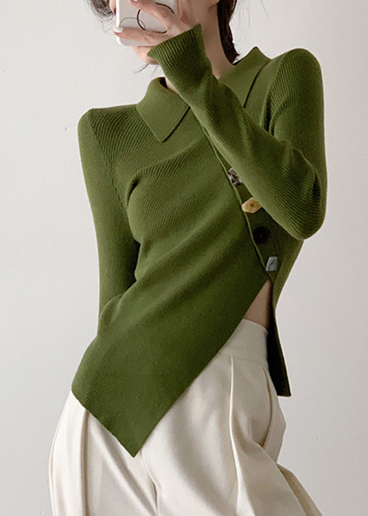 Vintage Green Peter Pan Collar Asymmetrical Knit Pullover Long Sleeve