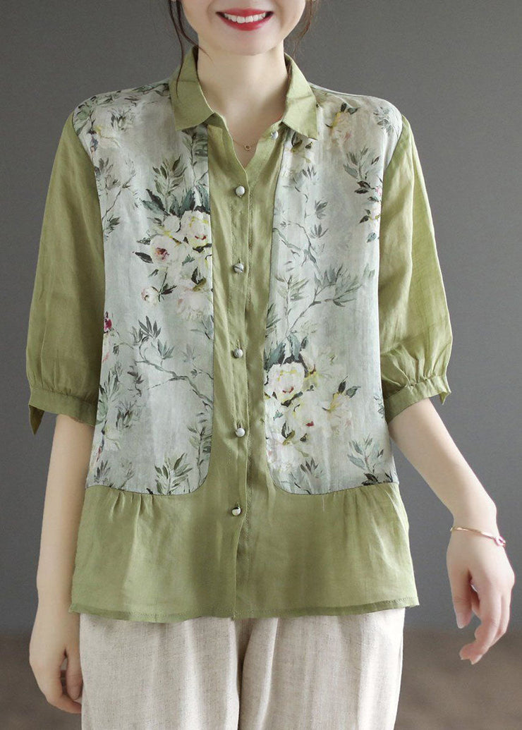 Vintage Green Peter Pan Collar Print Linen Top Summer