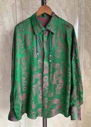 Vintage Green Peter Pan Collar Print Patchwork Silk Shirt Fall