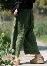 Vintage Green Pockets Elastic Waist Linen Crop Pants Summer