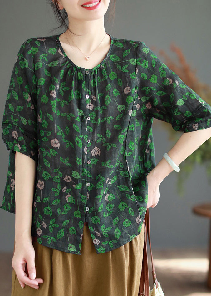 Vintage Green Print Button Linen Shirt Half Sleeve