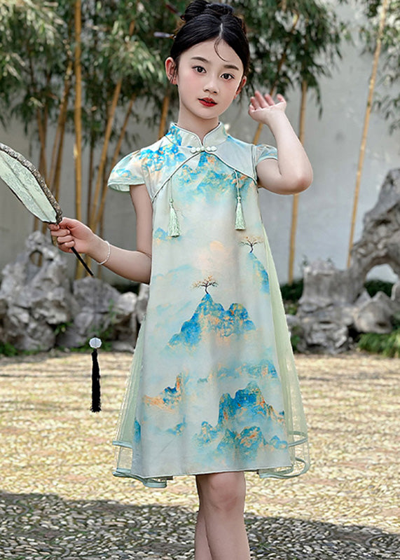 Vintage Green Print Chiffon Patchwork Kids Mid Dresses Short Sleeve