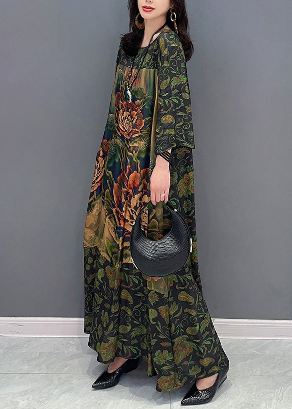 Vintage Green Print Cozy Maxi Dress Spring